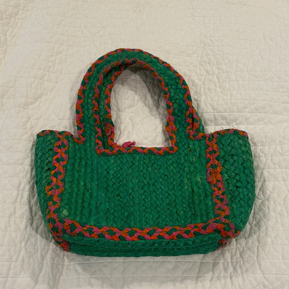 Handwoven Green Tote Bag with Multicolor Accents